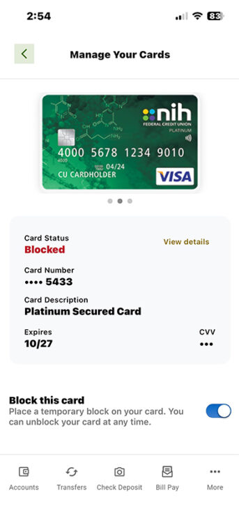 screenshot of how to manage credit cards within the nihfcu mobile banking app