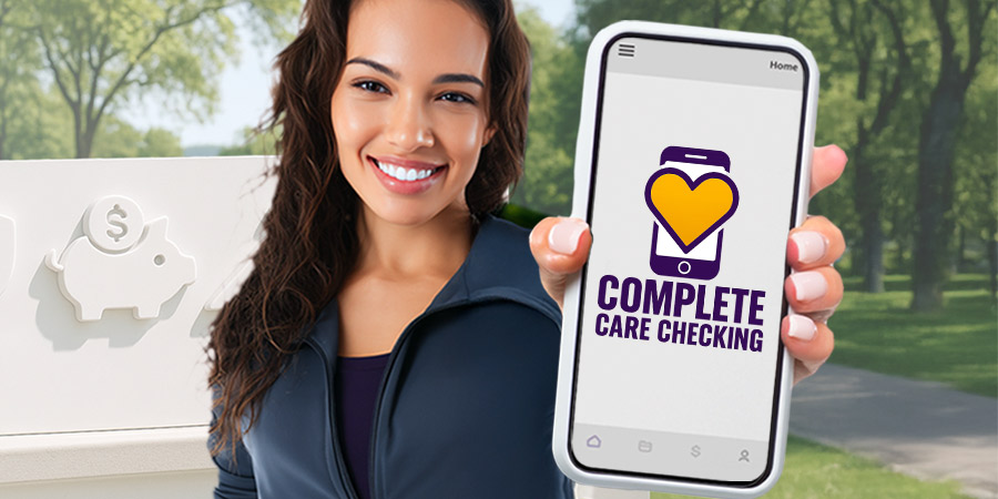 young woman holding out mobile screen showcasing completecare checking logo