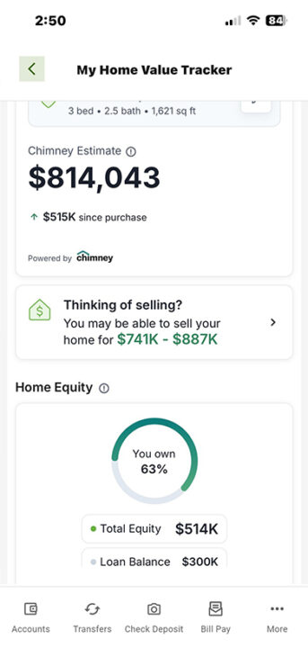 screenshot of partner my home value tracker on the nihfcu mobile banking app