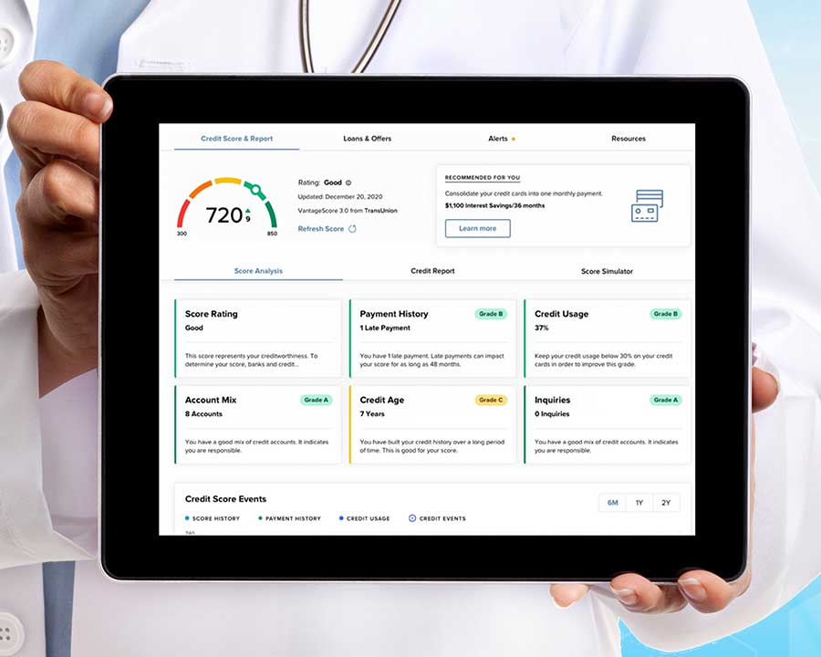 doctor holding iPad with close up of the my credit rx web page