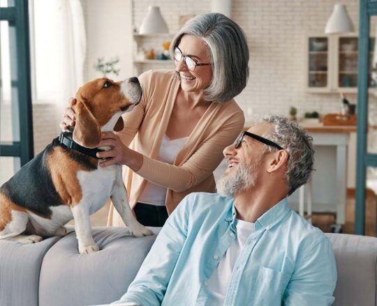 mature couple laughing and playing with their pet dog